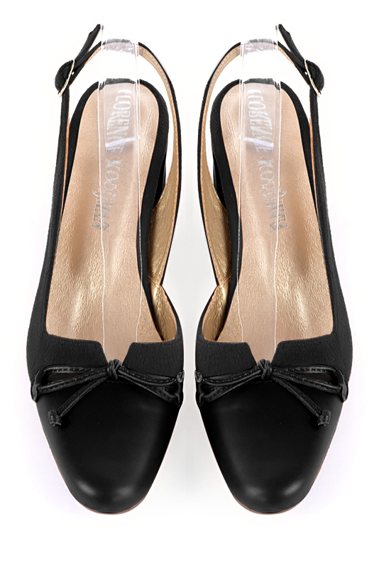 Satin black women's open back shoes, with a knot. Round toe. Low flare heels. Top view - Florence KOOIJMAN